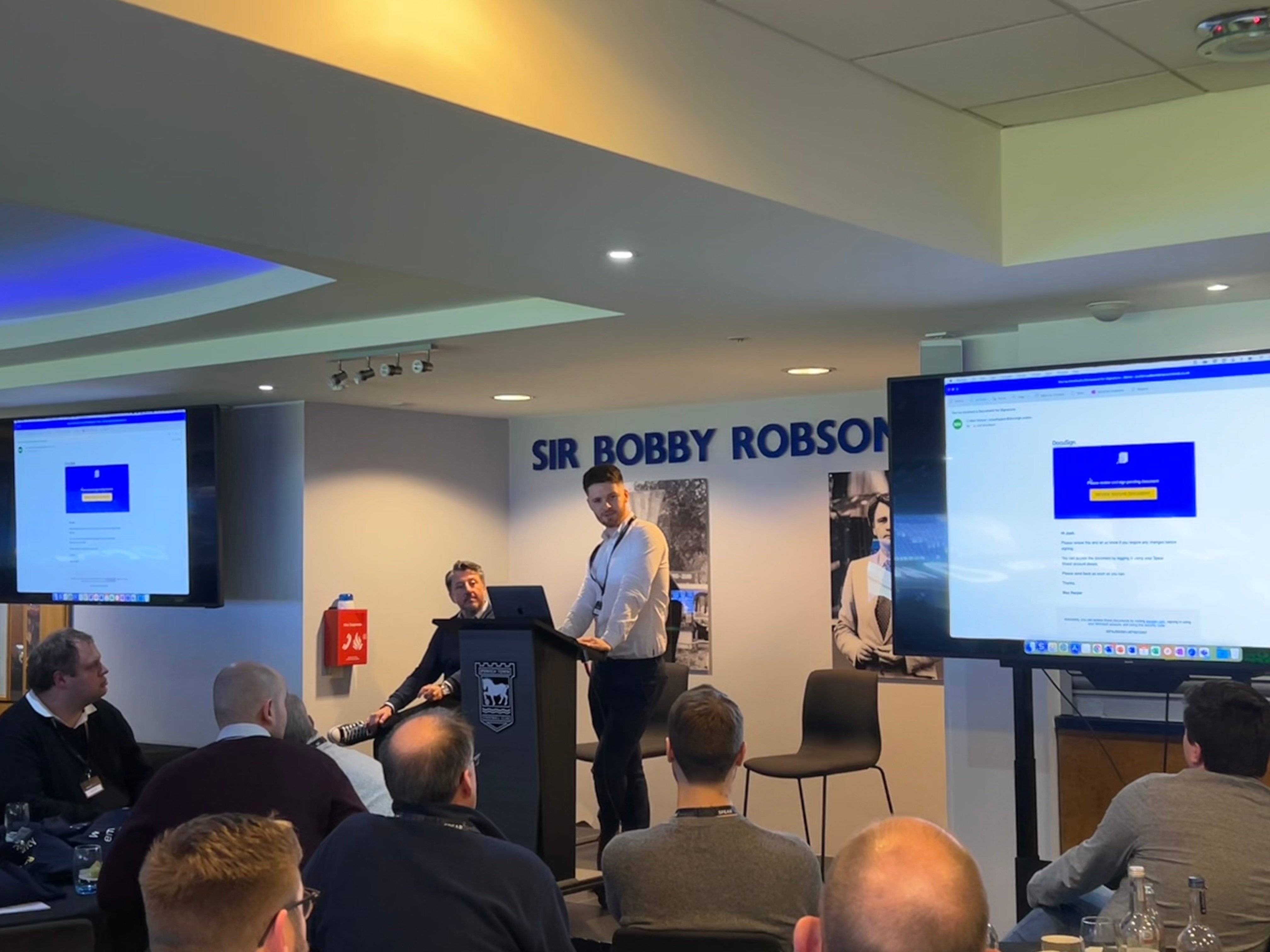 Josh Broadbent Presenting at Suffolk Security Social, cybersecurity event at Portman Road Ipswich FC Stadium